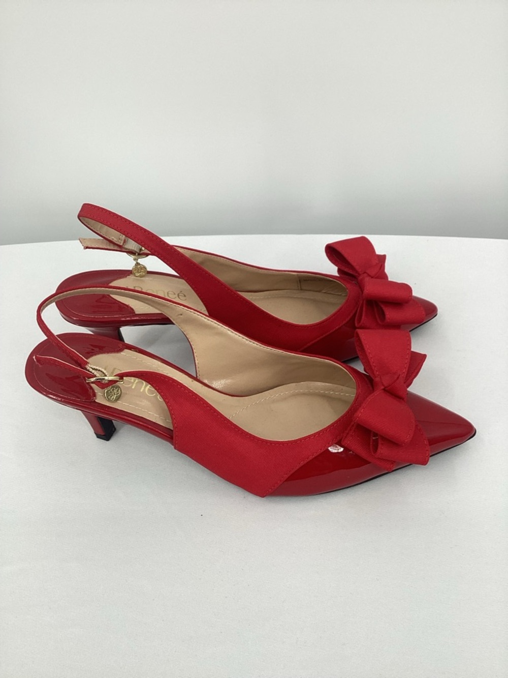 J.Renee Red Patent Pointed-Toe Slingback Pumps with Bow Accent - Picture 2 of 10